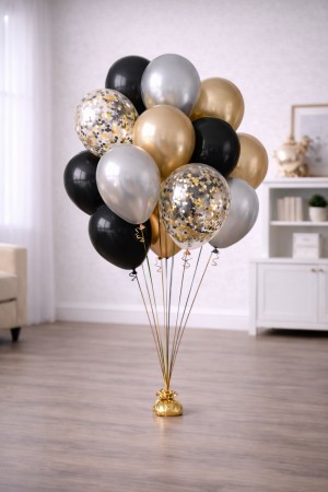 Ballongbukett sort, gull og sølv (15 stk)